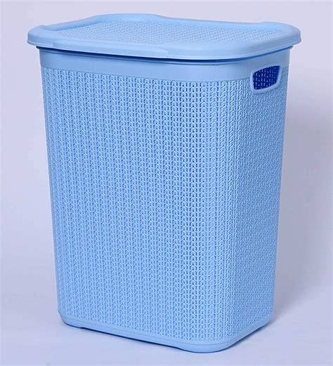 blue laundry basket with lid.